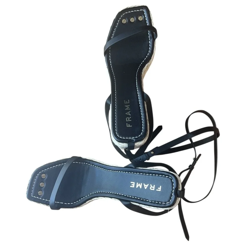 FRAME Black Leather Espadrille Platform‎ Wedge Sandals Ankle Strap Size 10 EU 41